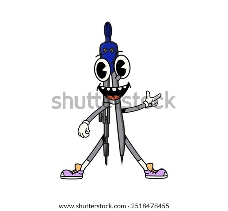 Cartoon groovy school compass character, retro drawing item. Isolated playful vector divider tool personage with a joyful expression, white gloved outstretched pointing hand and funny friendly face