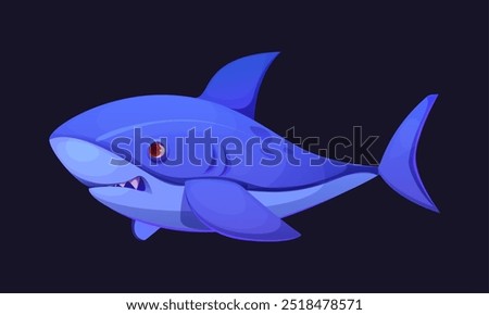 Cartoon shark character. Isolated vector powerful and magnificent sea animal, apex predator living in the ocean. Kid book or game personage with streamlined sleek body, sharp teeth and distinctive fin