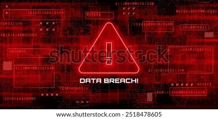 Data breach screen, malware cyber attack alert, internet ransomware. Vector hacked system danger sign features exclamation mark inside a triangle, surrounded by red binary code and data patterns