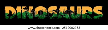 Dinosaurs jungle forest sunset silhouette. Vector bold letters filled with vibrant prehistoric landscape, dino species, trees and plants shadows, emphasizes ancient and mysterious world of dinosaurs