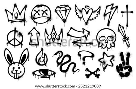 Grunge ink graffiti spray paint icons. Vector set of black urban and street culture elements. Snake, skull, crown and rabbit head, lightning bolt, question mark and winged heart. Eye, diamond, cross