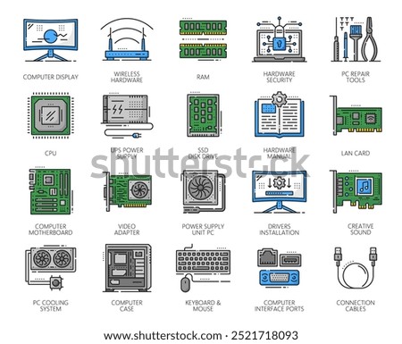 Software and hardware of computer, color line vector icons of PC and laptop components. Computer display and power supply unit, CPU processor and HDD drive disk, SSD memory storage and motherboard