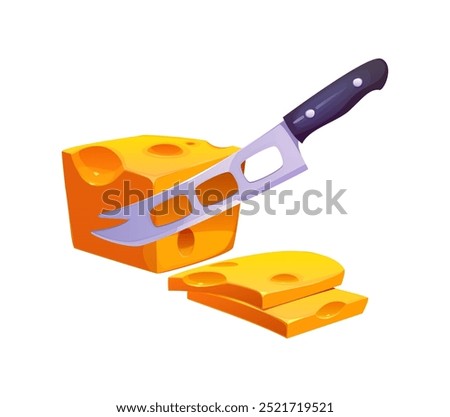 Cheese knife slicing through a block of swiss cheese, with two slices resting nearby. Cartoon vector cooking process scene with kitchen cutting tool and diary product in a moment of food preparation