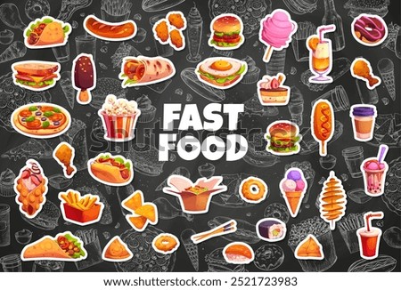 Cartoon takeaway fast food stickers pack featuring vector burger, pizza, ice cream cone, hot dog, and popcorn bucket. Corn dog, french, fries, chicken drumstick and wings, onion ring, sandwich, soda