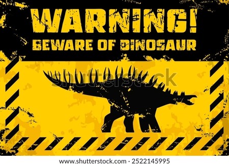 Dinosaur warning metal sign board with dino lizard for danger zone caution, vector banner. Danger area warning signboard with spiked spine dinosaur silhouette on grunge background in hazard frame