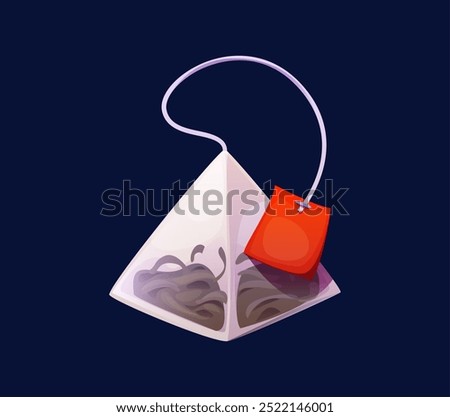 Flower herbal, fruit and berry tea bag with a string. Isolated cartoon vector drink product. Pyramid-shaped teabag with a red tag, filled with loose tea leaves, conveys relaxation, health and wellness