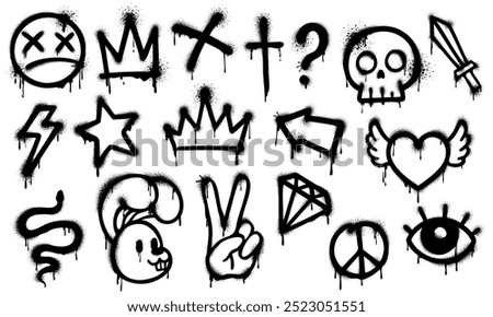 Graffiti spray paint, grunge ink elements of vector street art. Black spray paint heart, star, crown, dead smile emoji and peace symbol, drips and splashes. Graffiti arrow, skull, lightning and eye