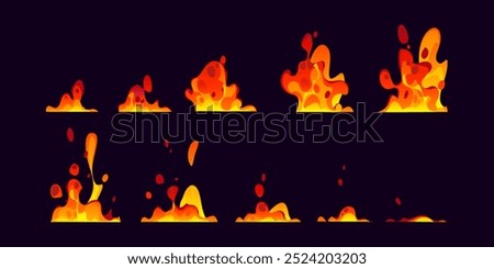 Volcano lava or magma animation game sprite effect sheet. Cartoon vector fluid and fiery animated sequence frame stages depicting a dynamic lava, magma eruption effect from initial bursts to spreading