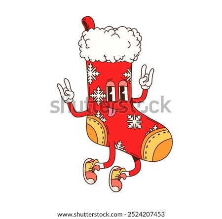 Cartoon groovy Christmas sock character making rock hand gestures. Isolated vector fun red stocking features snowflake decorations and wears sneakers, adding retro festive vibes to the holiday season