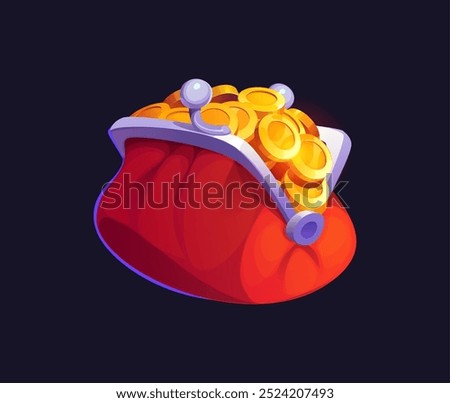 Cartoon wallet with golden coins. Isolated vector red women purse with shiny silver clasp in retro style, overflowing with gold coins are stacked on top of each other, suggesting wealth and prosperity