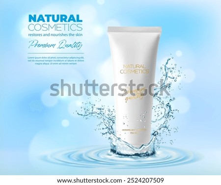 Water cosmetic cream, product tube on ripple water with splashing drops, vector ad template. Natural moisturizing cosmetic package tube with golden text and water splash crown with splashing droplets