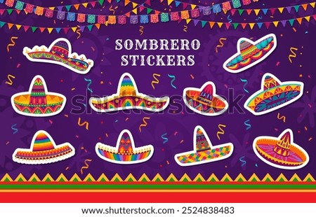 Stickers of Mexican sombrero hats for holiday fiesta in Mexico, vector cartoon icons. Sombrero stickers with national ethnic Mexican ornament decoration and papel picado flags in confetti for party