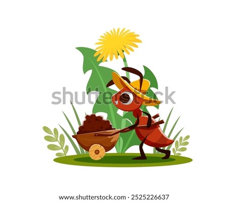 Cartoon ant pushing wheelbarrow with soil on meadow, vector funny character. Ant worker or farmer gardener in summer hat carrying earth soil in wheelbarrow cart for anthill building for kids story