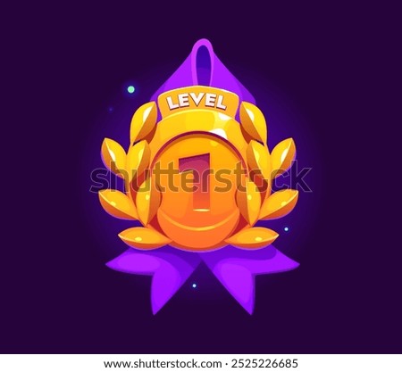 Game rank level up badge icon, victory shield adorned with laurel leaves and a purple ribbon. Cartoon vector game asset, trophy, winner reward symbolizing achievement and progression in gaming