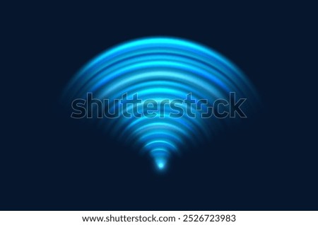 Radar sonar emitting a glowing blue signal with concentric rings expanding outward from a central point. Wi-fi scanning or transmission technology used for communication, detection, and sound waves