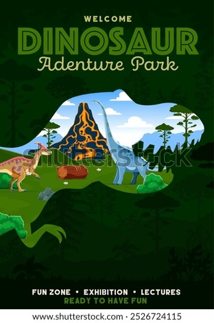 Dino park flyer with T rex dinosaur silhouette and prehistoric landscape, vector poster. Jurassic park and dinosaur history adventure entertainment exhibition flyer with T-rex tyrannosaurs and lizards