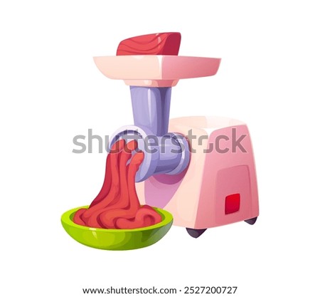 Meat grinder and minced meat for food cooking process, cartoon vector. Meat mincer or hasher with raw and ground meat in bowl, kitchen appliance for food preparation or butchery kitchenware