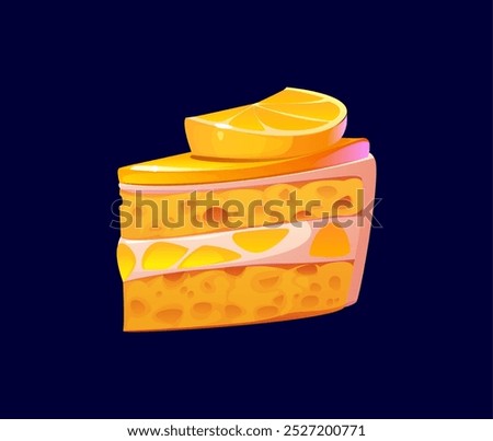 Cartoon lemon cake confectionery and sweet pastry. Vector dessert, slice of yellow layered pie with a bright, citrusy piece on top and multiple soft sponge layers filled with cream, and juicy segments