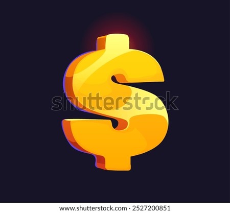 Cartoon golden dollar sign, usd money, currency symbol, emanates a soft and enchanting light glow. Isolated vector dazzling and striking game asset conveys a sense of wealth and financial success