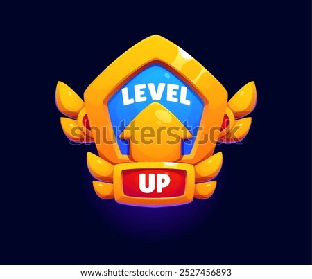 Level up game reward, rate icon with upward arrow, shield and golden wings represents success and advancement. Cartoon vector pop up emblem, achievement and progress sign for gui interfaces and apps