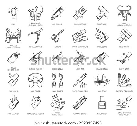 Nail manicure service icons. Nail polish and hand care tools of beauty or spa salon vector thin line symbols. Fingernail file, scissors, cutter and buffer, cuticle clipper, nipper and hand skin cream