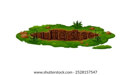 Dirty pit burrow or deep ground hole in earth soil with grass and stones, cartoon vector. Dig pit hollow or underground burrow hole dig from groundhog or mole in garden meadow or forest land