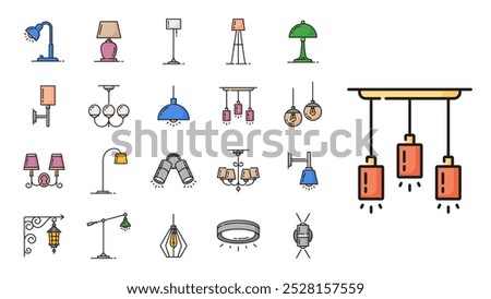 Lamp color line icons. Halogen and flashlight, lantern and chandelier, candle and spotlight, vector outline home lighting and street lights set. Table, wall, floor stand and ceiling lamps