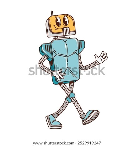 Retro robot, cartoon groovy character or alien robotic bot, vector bionic android machine. Funky groovy retro robot or cartoon cyborg droid with funny smile and mechanical arms walking in good vibe