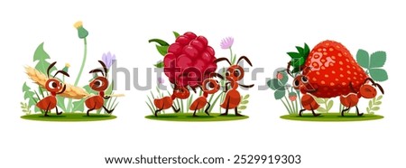 Cartoon ants carrying food to anthill through green grass field and flowers. Funny brown ants insect vector characters with happy smiling faces carrying wheat ear, strawberry and raspberry fruits