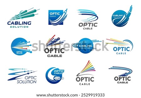 Fiber optic cable icons, internet network and telecommunication technology. Vector broadband fibre optical cable or multi fiber wire for high speed data connection symbols, computer electronics themes