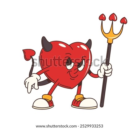 Groovy Halloween devil heart cartoon character with trident and evil face, vector retro comic monster. Funny heart with devil horns and sullen smile for Halloween holiday retro cartoon emoji character