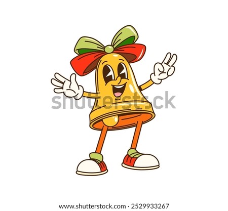 Cartoon groovy Christmas jingle bell character with big bow, striking a pose with a playful facial expression. Isolated vector golden bell with festive adornments knoll and exudes retro holiday spirit