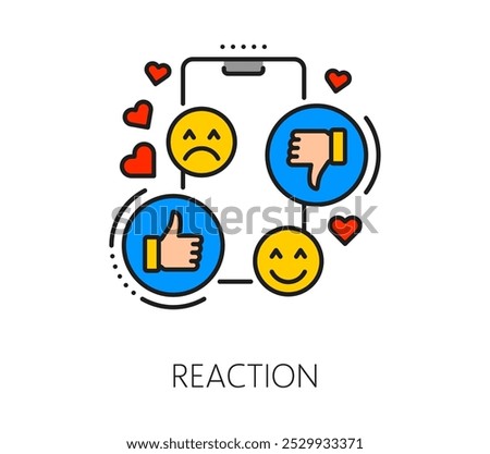 Web blogging reaction or social media line icon. Network blogger influence, Internet blogging content feedback linear vector pictogram. Social media comment outline icon with like and dislike sings