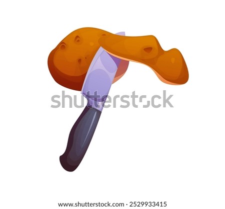 Knife peeling a potato, representing cooking preparation process. Isolated cartoon vector ripe potato vegetable tuber is being peeled with a sharp knife. Culinary, kitchen, home food meals cook theme