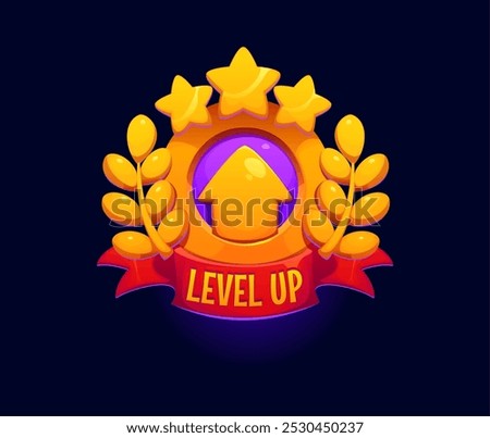 Cartoon game level up icon featuring yellow upward arrow surrounded by golden stars and laurel leaves, red ribbon or banner, symbolizing a high rank, reward, rate or accomplishment in gaming interface