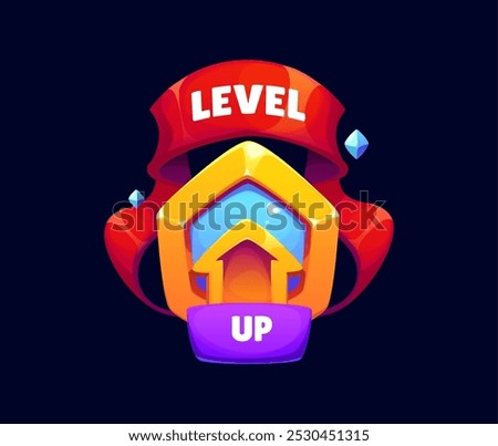 Level up game reward, rate icon for gaming interfaces and platforms. Cartoon vector pop up badge features arrow on golden shield with red ribbon, symbolizing progress, achievement player and rewards