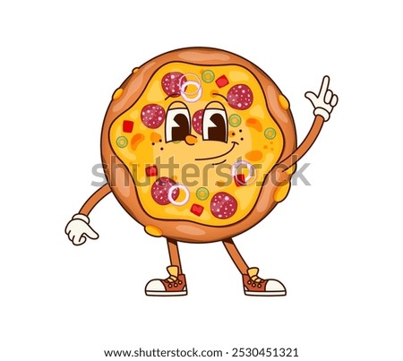 Groovy fast food pizza character celebrates party and dances. Isolated cartoon vector whole, hippie, whole pepperoni Italian food personage with wide, cheesy grin, exudes a cool, funky and retro vibes