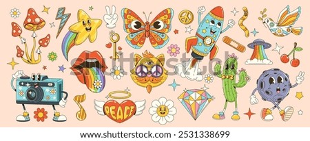 Cartoon retro hippie groovy characters. Funny daisy flower, psychedelic mushroom and rainbow butterfly vector personages. Cute cat with hippy peace symbol sunglasses, vintage camera, rocket and heart