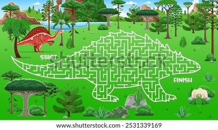 Kids labyrinth maze game with prehistoric dinosaur and dino eggs. Vector worksheet riddle for kids to navigate through a dino shaped path surrounded with trees and rocks to reach the finish with nest