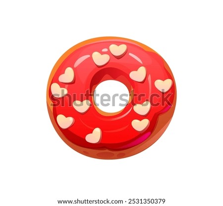 Valentine sweets and confectionery, pink donut with hearts sprinkles, vector icon. Valentine day holiday love pastry and romantic cakes or biscuits, donut with pink sweet cream for love dessert