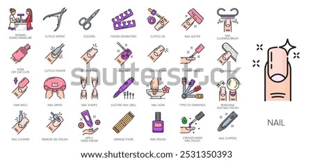 Nail manicure service color line icons. Vector outline nail polish and hand care tools, beauty and spa salon fingernail clipper, file and scissors, cuticle nipper, pusher and oil isolated signs