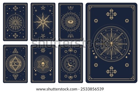 Tarot cards with magic and mystic pattern of vector line Moon and Sun, eye of providence, skull and hexagram. Witch or gypsy vintage tarot card back set with esoteric, occult and astrology symbols