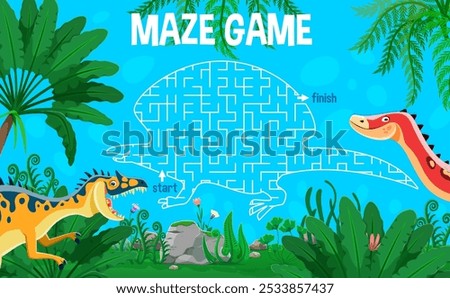 Kids labyrinth maze game with cartoon prehistoric dinosaurs. Neovenator and ouranosaurus characters at dino shaped path with start and finish, surrounded by lush vegetation. Vector playful worksheet