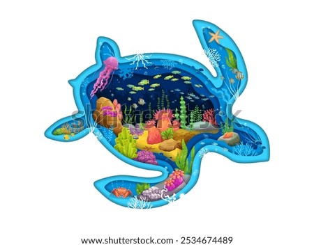 Paper cut turtle silhouette with underwater landscape of tropical reef vector background. Cartoon fish schools, jellyfish and starfish with seaweeds and bubbles in 3d paper cut marine turtle frame