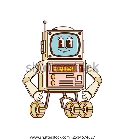 Cartoon retro groovy robot character bot on wheels, vector space rover android. Funny retro robot in groovy cartoon with computer display face and happy smile for cosmic space android or cyborg toy