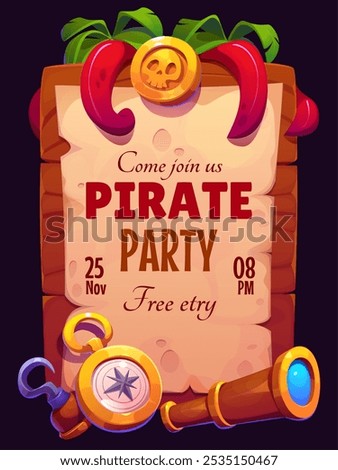 Pirate party flyer for kids entertainment event or theme park, vector cartoon poster. Caribbean pirate party invitation flyer with captain hook and skull on treasure gold, sailor spyglass and compass