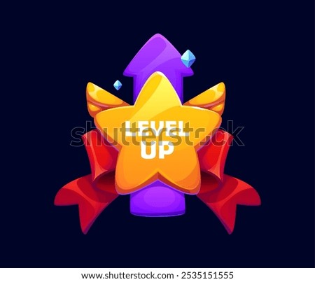 Level up game reward, rate icon featuring yellow star, purple arrow, gold wings and red ribbon. Cartoon pop up badge, progress indicator represents video game achievements, ranking and accomplishment