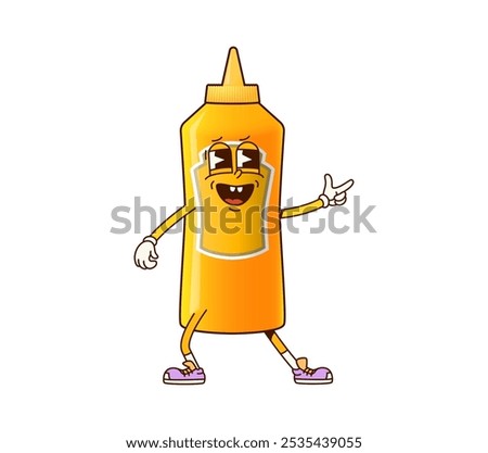 Groovy mustard bottle character. Isolated cartoon vector funky retro yellow container personage add flavor and flair to nostalgic condiment adventure. Funny vintage hippie mustard sauce disco dancing