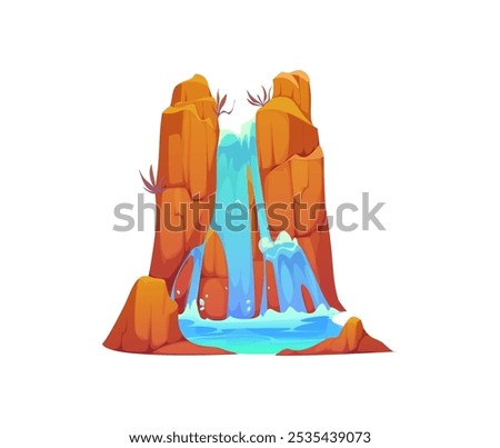 Cartoon waterfall water cascade. Vector natural splashing streams and jets falling down from the wild west canyon rock with sparse vegetation. Isolated multiple flows cascading down the western rock