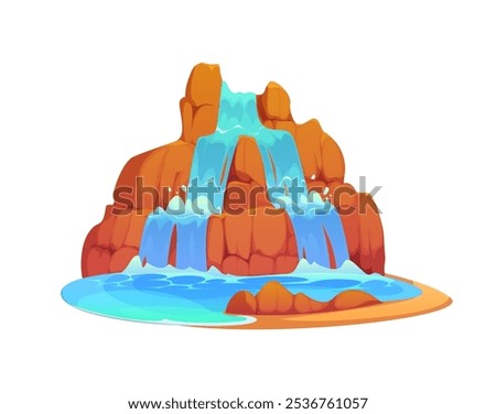 Cartoon waterfall, water cascade. Vector splashing streams and jets of blue water falling down from a brown cliff or canyon rock. Isolated flow cascading in natural environment or park